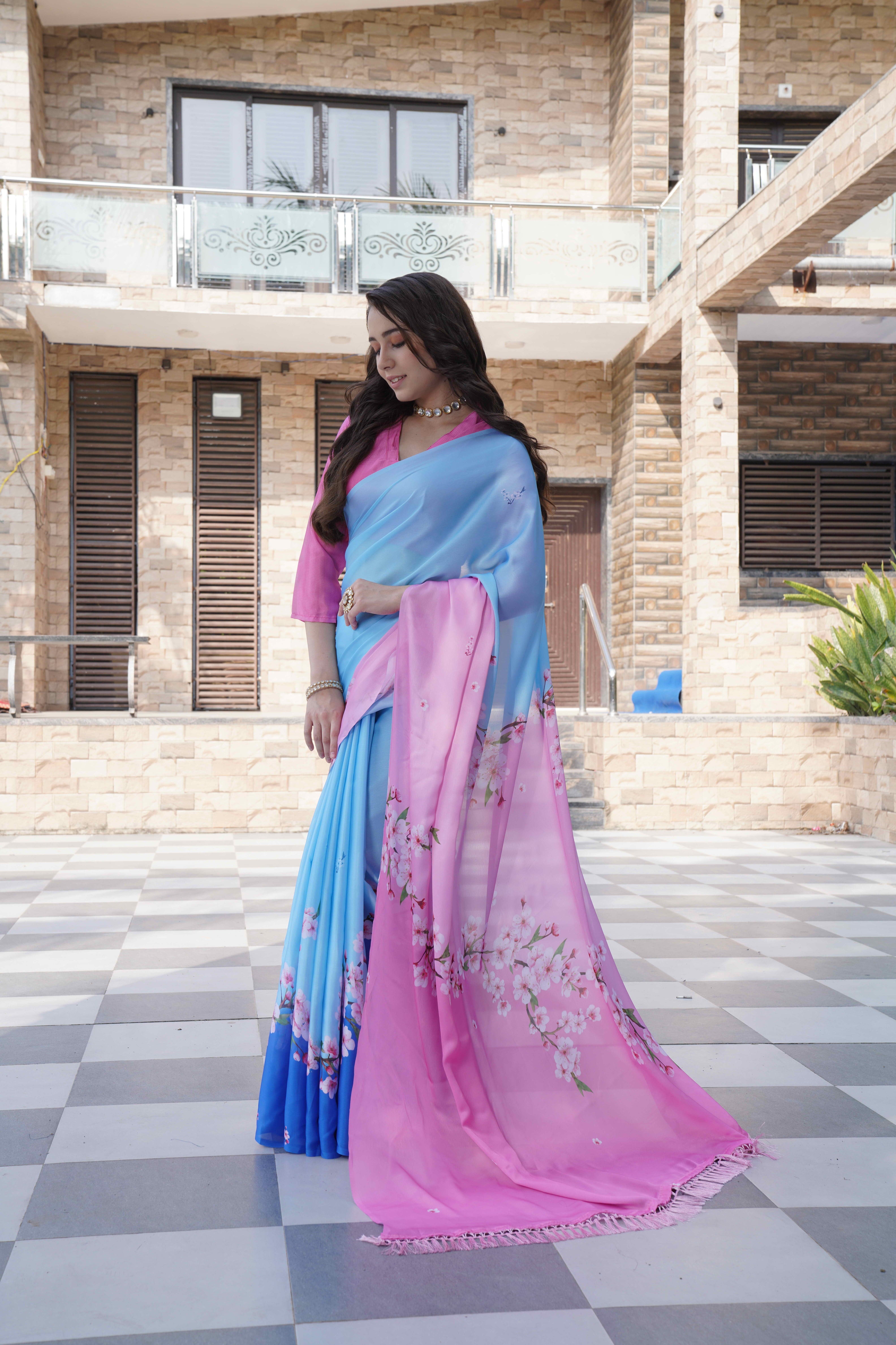 Sky Blue Colour Block Georgette Saree
